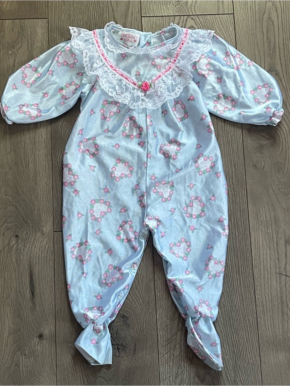 Vintage Allison Ann Floral Hearts Lace Rosette 18m Baby Girl Footie Coverall